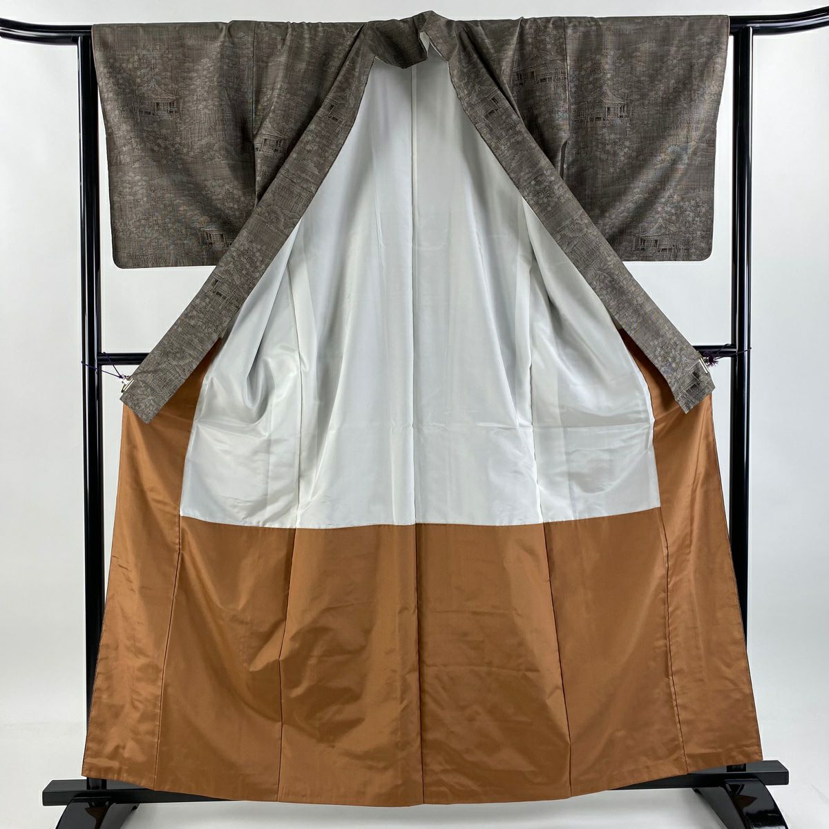 【美品】 大島紬織 身長161cm 袖長63cm S 雙層 純泥染 證書附帶 建築 樹木 焦茶 純蠶絲 名品級