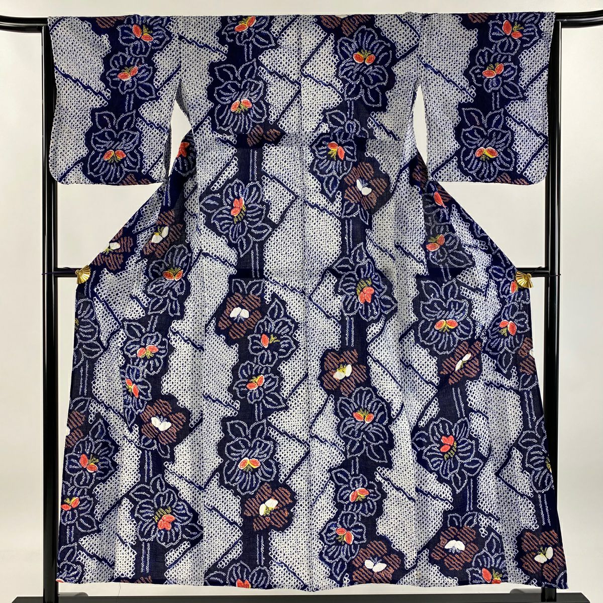 浴衣 身長150.5cm 袖長64.5cm M 絞染浴衣 草花紋 純棉 名品級