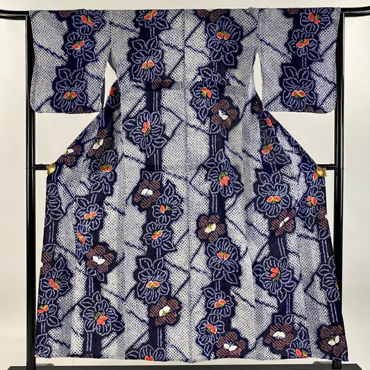 浴衣 身長150.5cm 袖長64.5cm M 絞染浴衣 草花紋 純棉 名品級