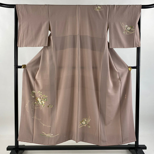 付下 身長150.5cm 袖長66.5cm M 雙層 落款 草花紋紋 粉米色 純蠶絲 名品級