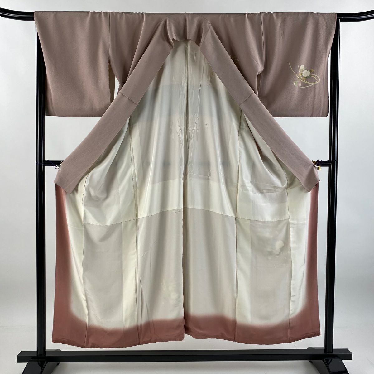 付下 身長150.5cm 袖長66.5cm M 雙層 落款 草花紋紋 粉米色 純蠶絲 名品級