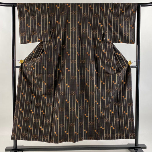 紬織 身長150cm 袖長62.5cm S 雙層 垂直條紋 幾何學 焦茶 純蠶絲 美品 名品級