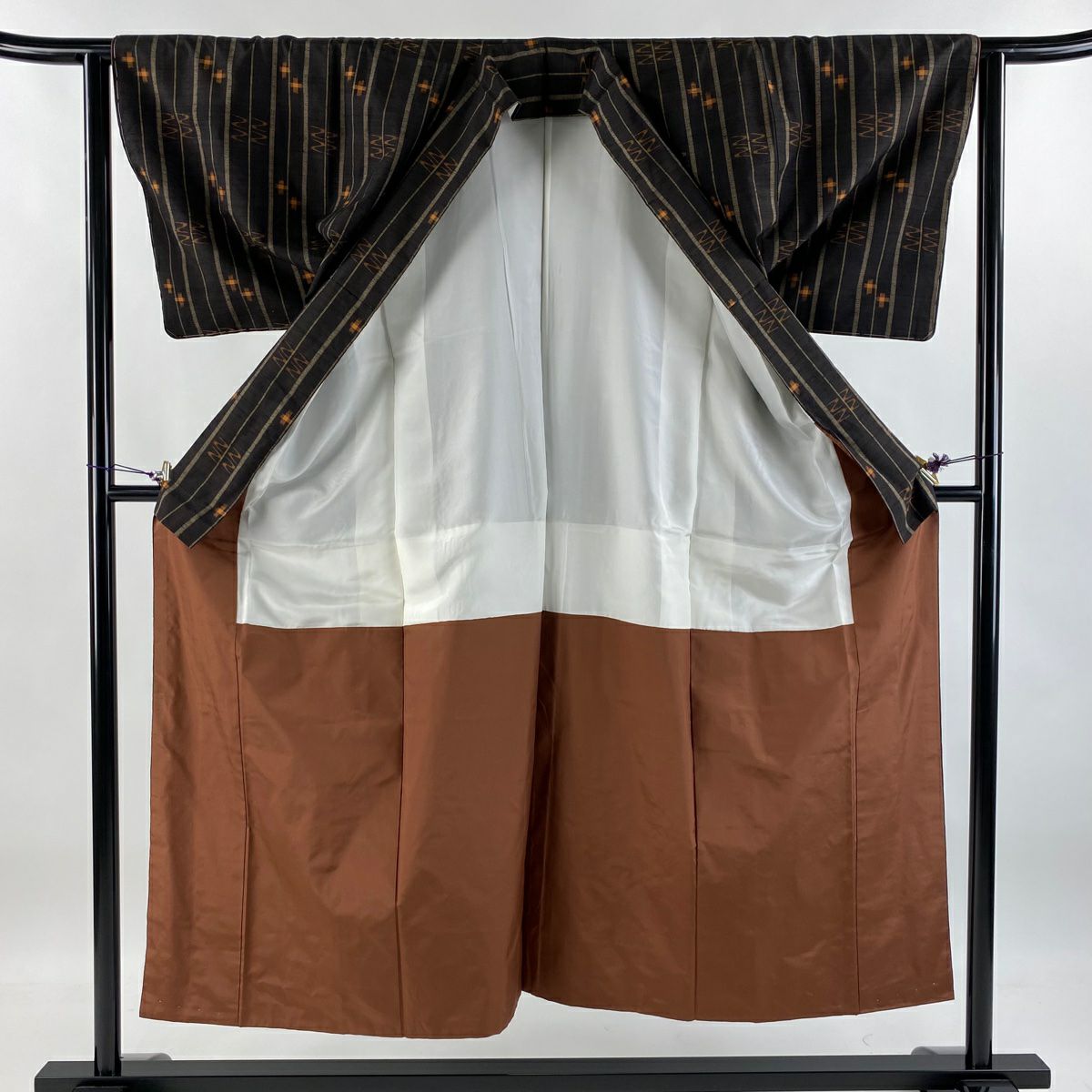 紬織 身長150cm 袖長62.5cm S 雙層 垂直條紋 幾何學 焦茶 純蠶絲 美品 名品級