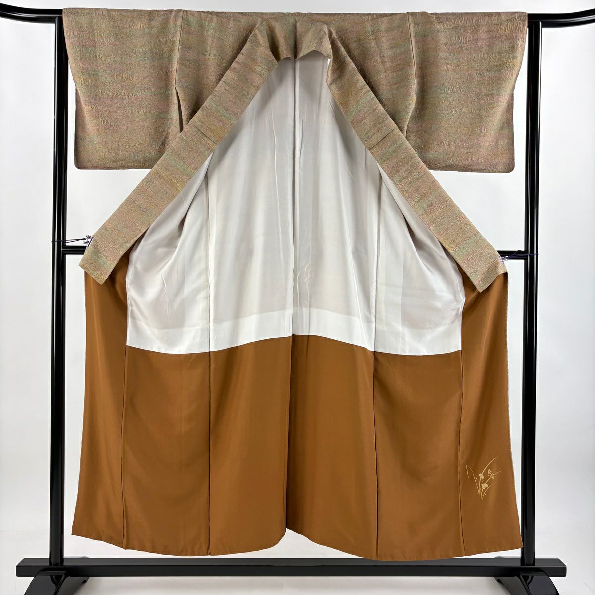 小紋 身長153cm 袖長62cm S 雙層 陶彩染 霞 薄茶 純蠶絲 美品 名品級