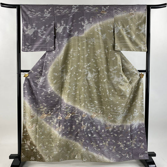 訪問服 身長162cm 袖長61cm S 雙層 家屋 松樹竹子梅花 刺繡 染分 灰紫 純蠶絲 名品級