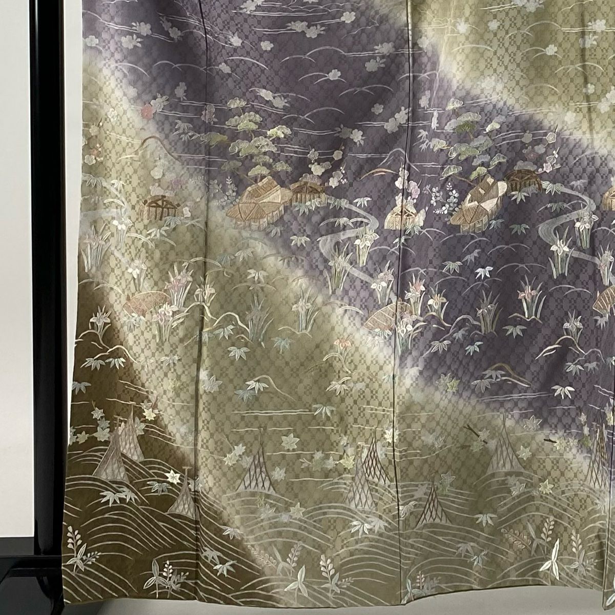 訪問服 身長162cm 袖長61cm S 雙層 家屋 松樹竹子梅花 刺繡 染分 灰紫 純蠶絲 名品級