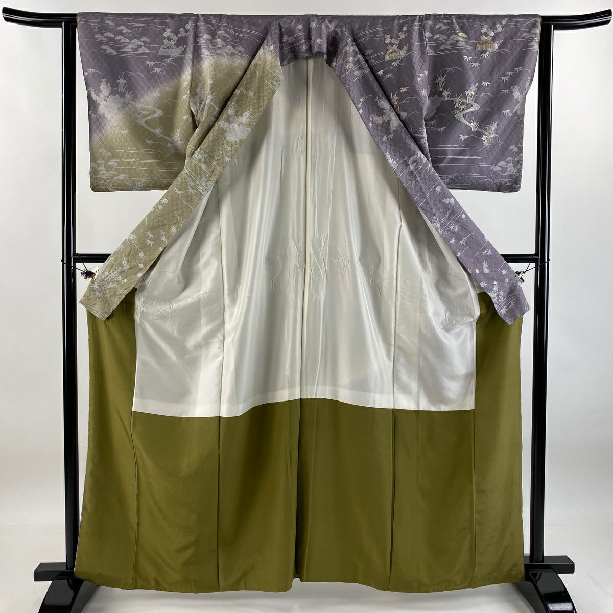 訪問服 身長162cm 袖長61cm S 雙層 家屋 松樹竹子梅花 刺繡 染分 灰紫 純蠶絲 名品級