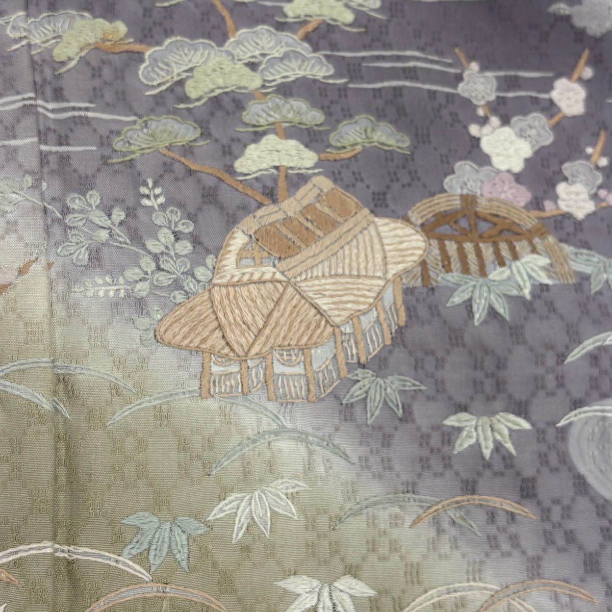 訪問服 身長162cm 袖長61cm S 雙層 家屋 松樹竹子梅花 刺繡 染分 灰紫 純蠶絲 名品級