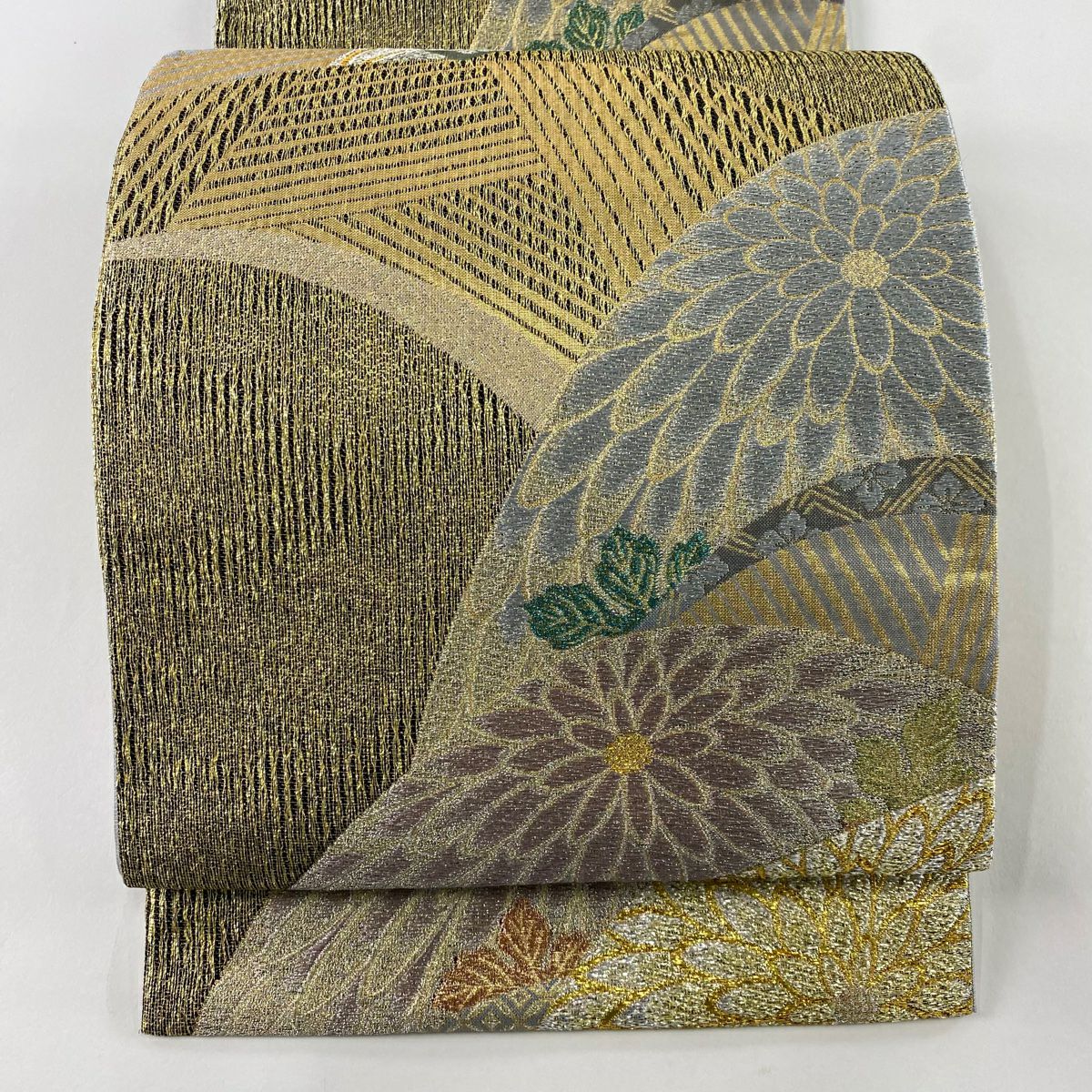 【清倉特賣】 【美品】 袋帶 名品級 青海取菊花紋 七寶 金金箔 金銀絲 金色 六通 純蠶絲