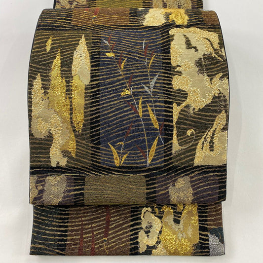 【庫存清倉】 袋帶 名品級 葉紋 生物 金絲 金金箔 黑 六通 純蠶絲