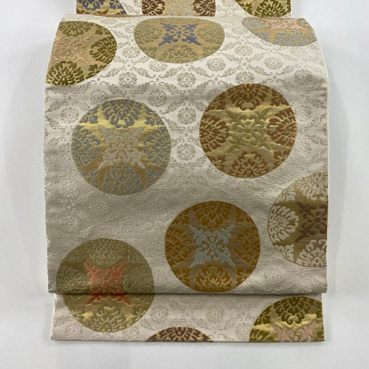 【清倉特賣】 【美品】 袋帶 名品級 圓文 金金箔 奶油色 六通 純蠶絲