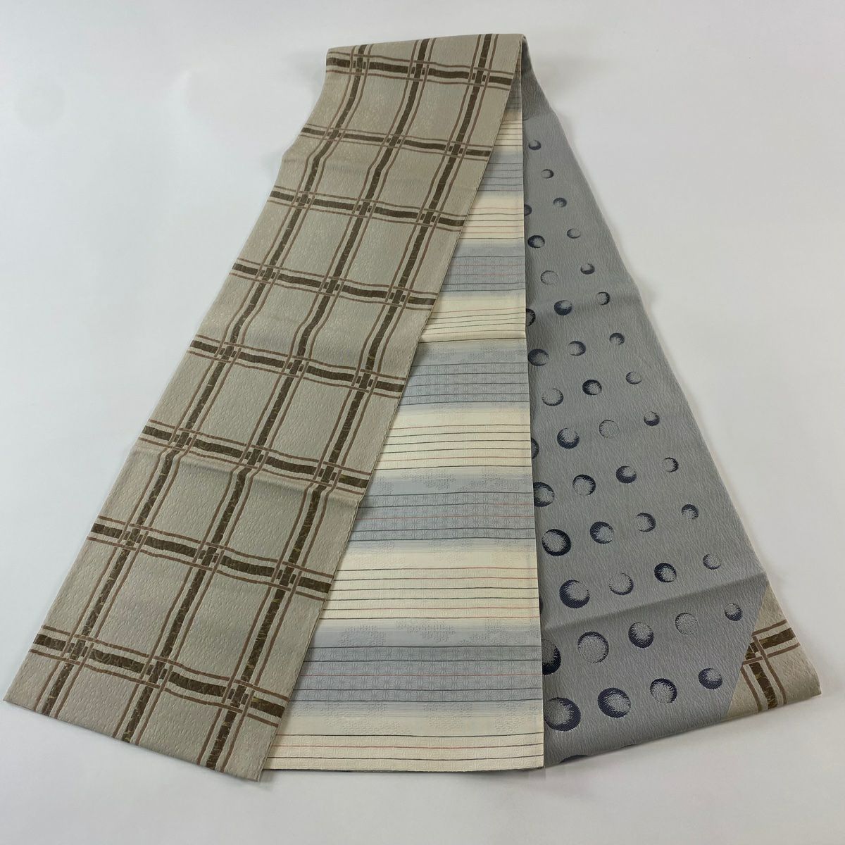 【庫存清倉】 【美品】 袋帶 名品級 格子 金通 素色米色 大鼓圖案 純蠶絲