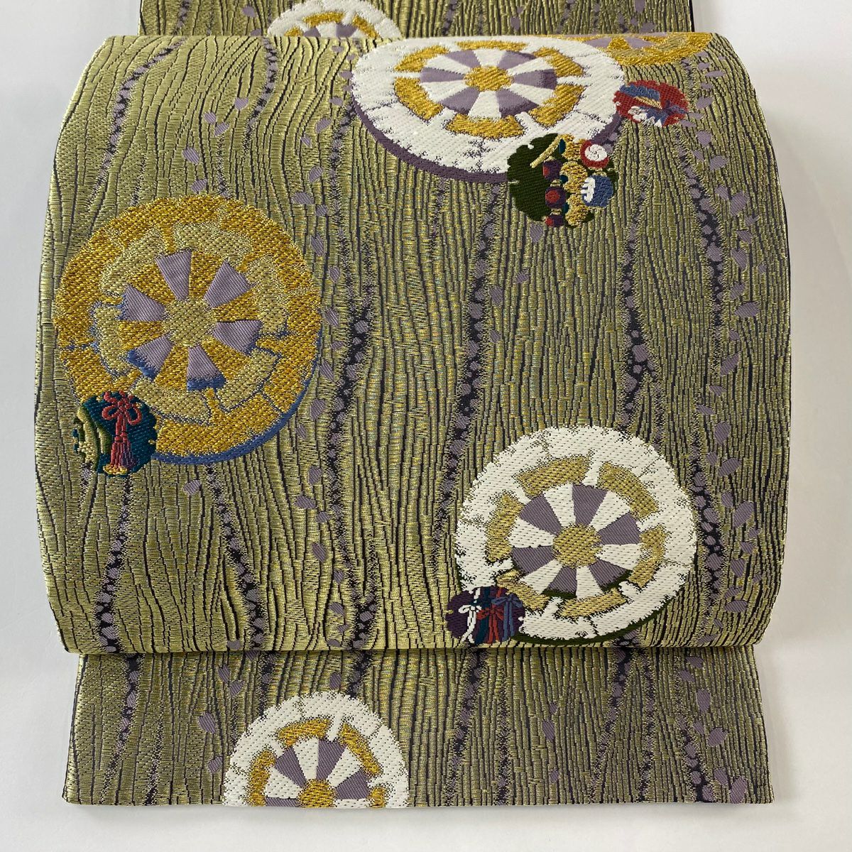 【庫存清倉】 【美品】 袋帶 名品級 證書齊全 源氏車 雪輪 金絲 金色 六通 純蠶絲