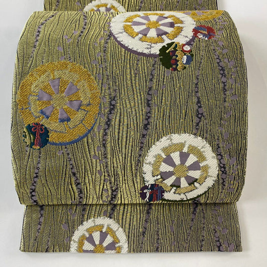 【庫存清倉】 【美品】 袋帶 名品級 證書齊全 源氏車 雪輪 金絲 金色 六通 純蠶絲