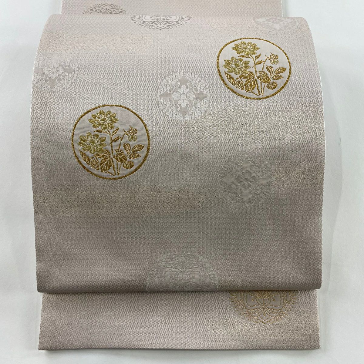 【庫存清倉】 【美品】 袋帶 名品級 圓文 地紋 金絲 粉米色 大鼓圖案 純蠶絲