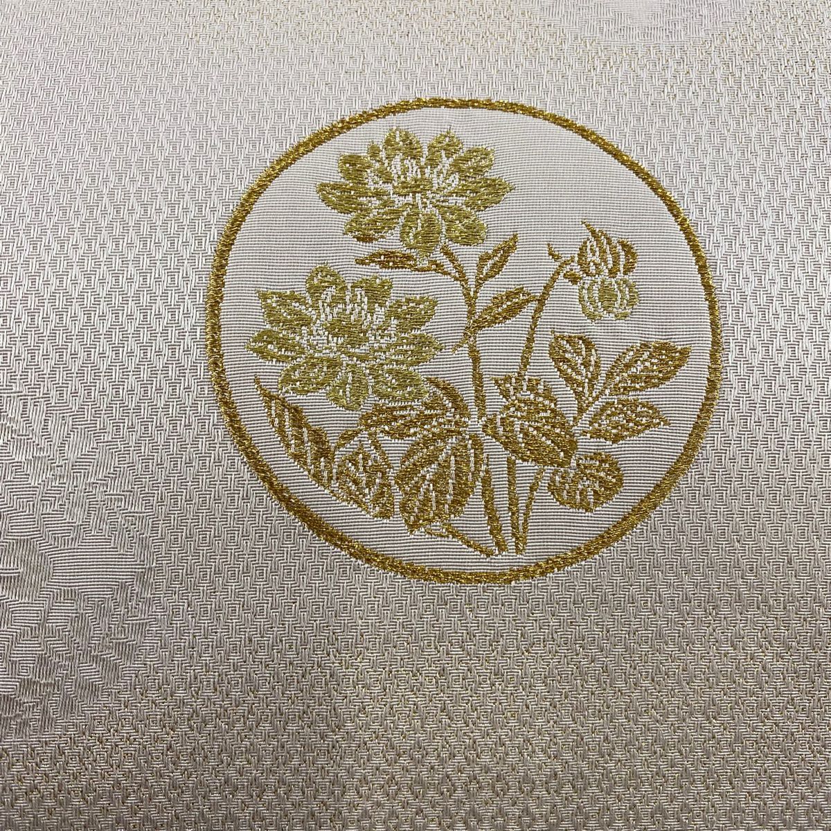 【庫存清倉】 【美品】 袋帶 名品級 圓文 地紋 金絲 粉米色 大鼓圖案 純蠶絲