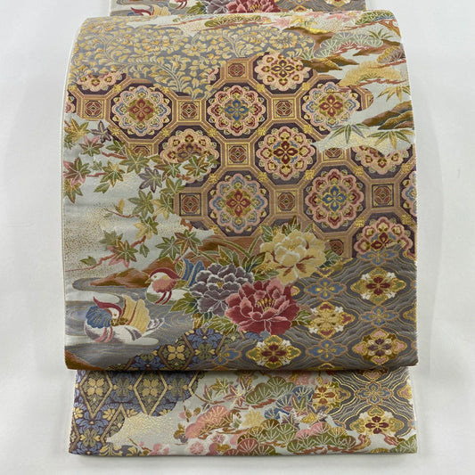 【庫存清倉】 【美品】 袋帶 名品級 蜀江華紋 花菱 金糸 金金箔 灰紫 六通 純蠶絲