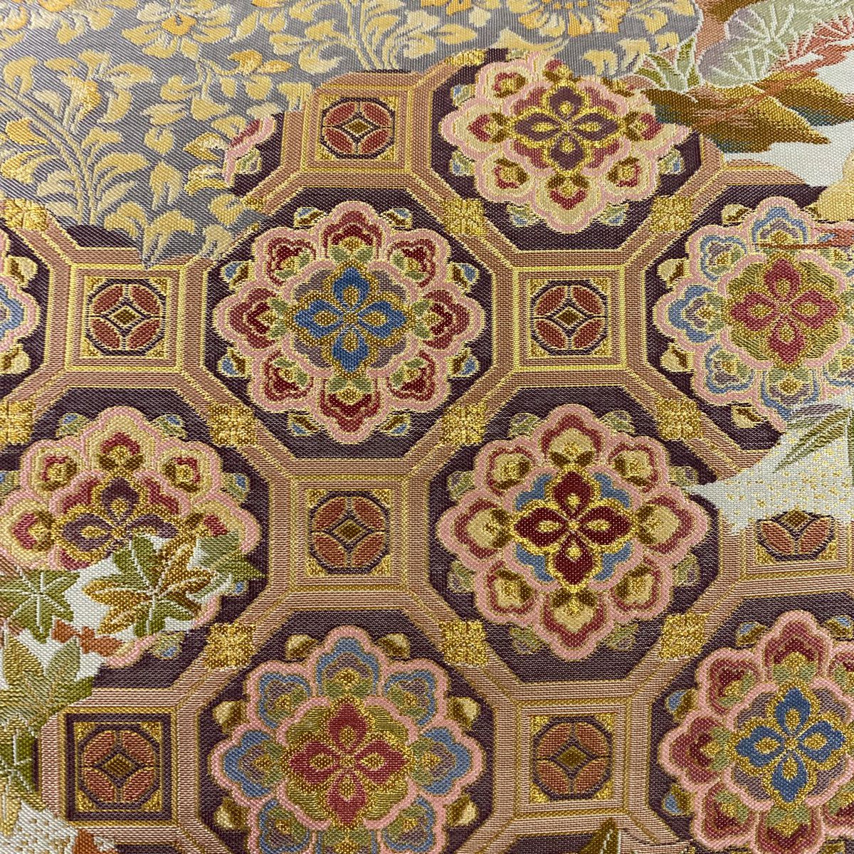 【庫存清倉】 【美品】 袋帶 名品級 蜀江華紋 花菱 金糸 金金箔 灰紫 六通 純蠶絲