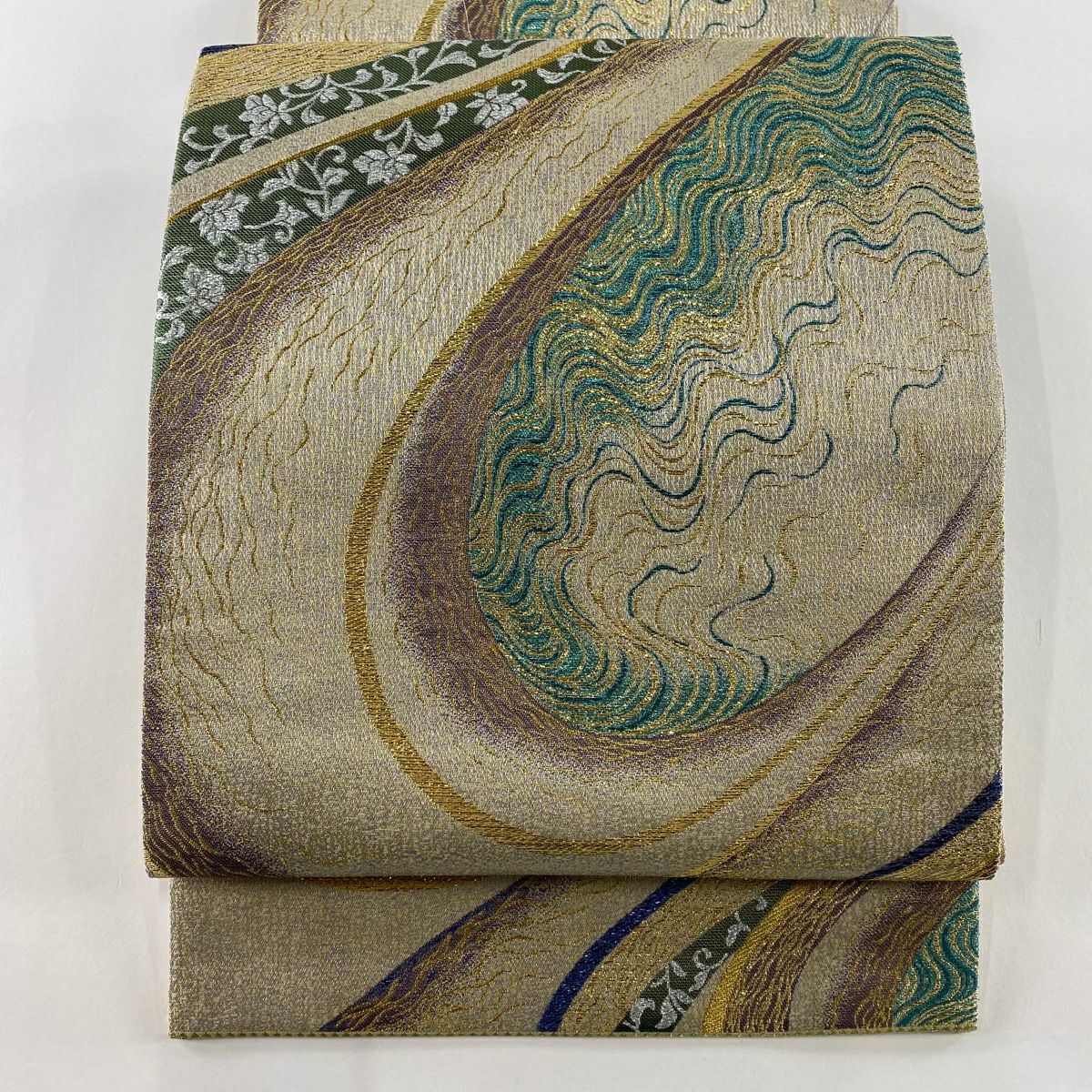【庫存清倉】 【美品】 袋帶 名品級 花唐草紋 流水 金絲 金金箔 米色 六通 純蠶絲