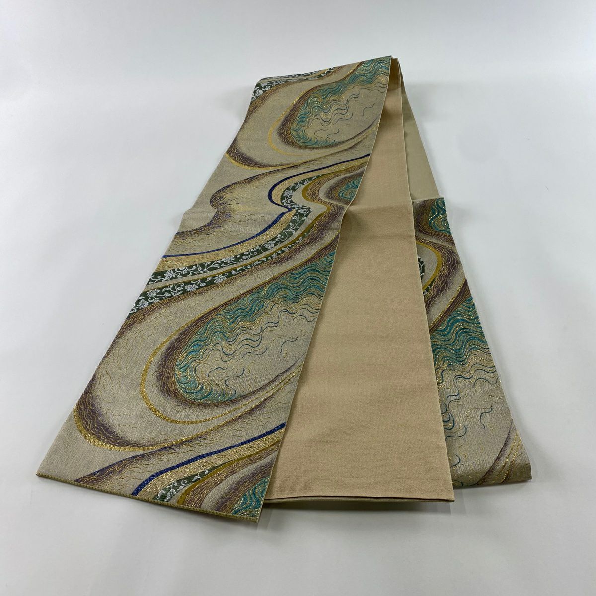 【庫存清倉】 【美品】 袋帶 名品級 花唐草紋 流水 金絲 金金箔 米色 六通 純蠶絲