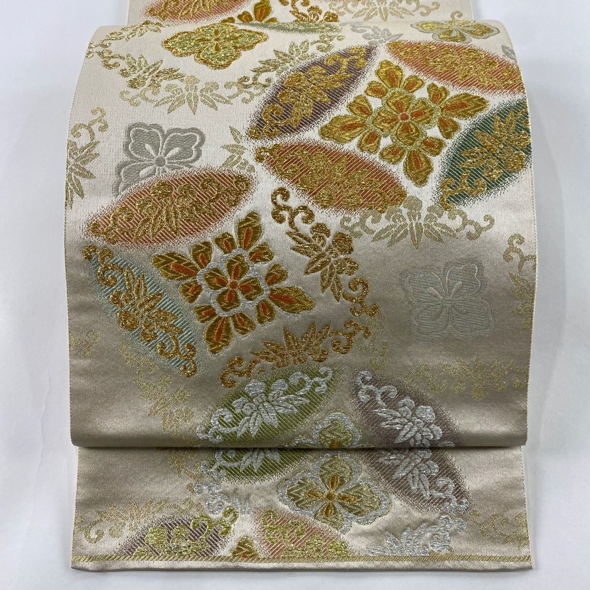 【庫存清倉】 【美品】 袋帶 名品級 關西仕立 七寶 花菱 金絲 金金箔 奶油 六通 純蠶絲