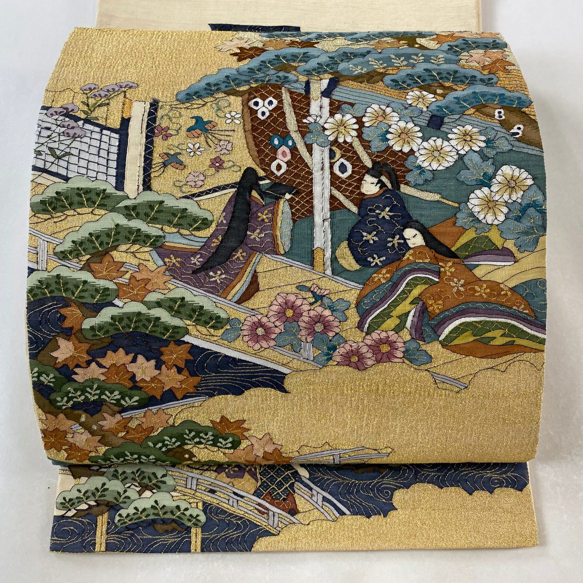 袋帶 逸品級 御所風景 笠松樹 金絲 綴織 米色 大鼓圖案 純蠶絲
