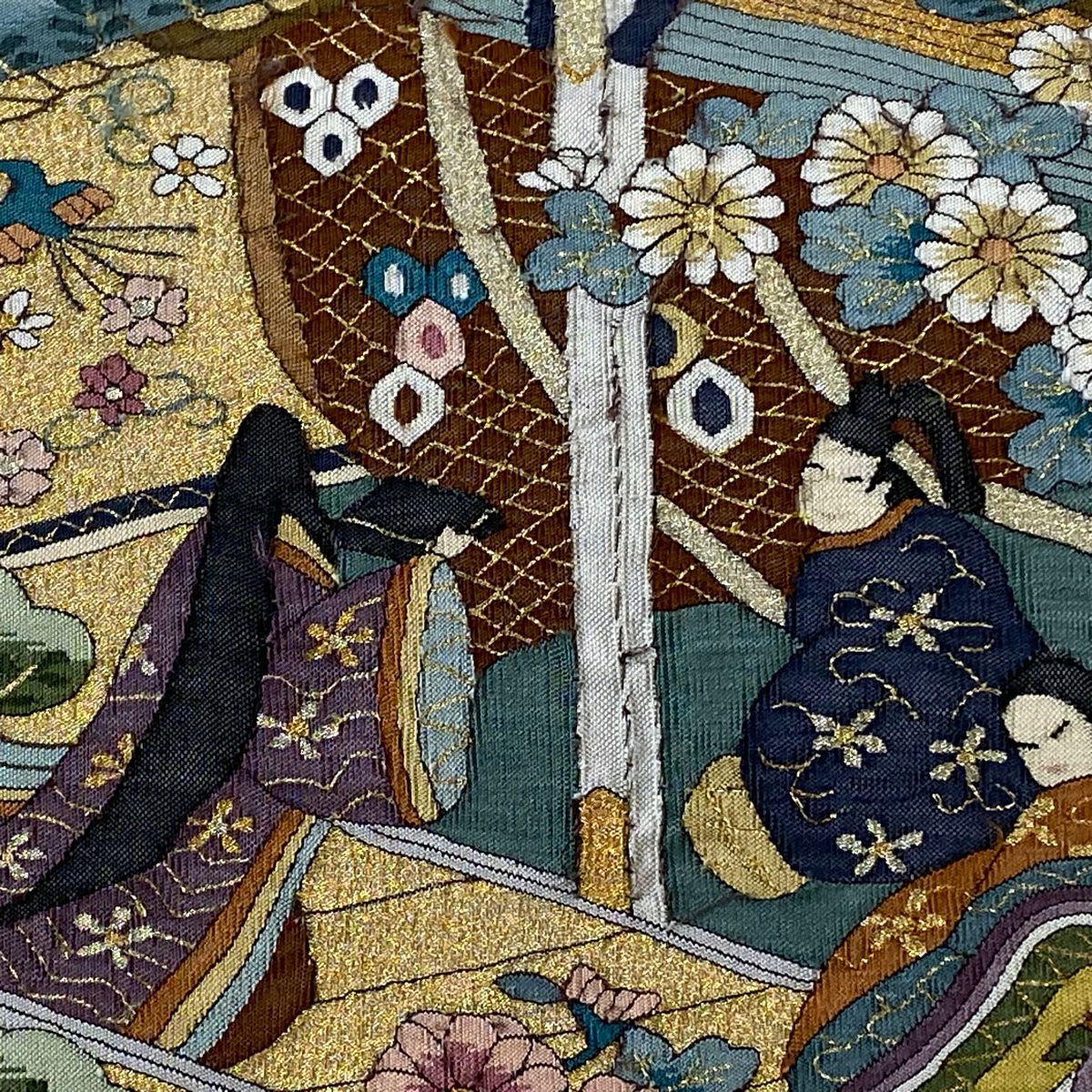 袋帶 逸品級 御所風景 笠松樹 金絲 綴織 米色 大鼓圖案 純蠶絲