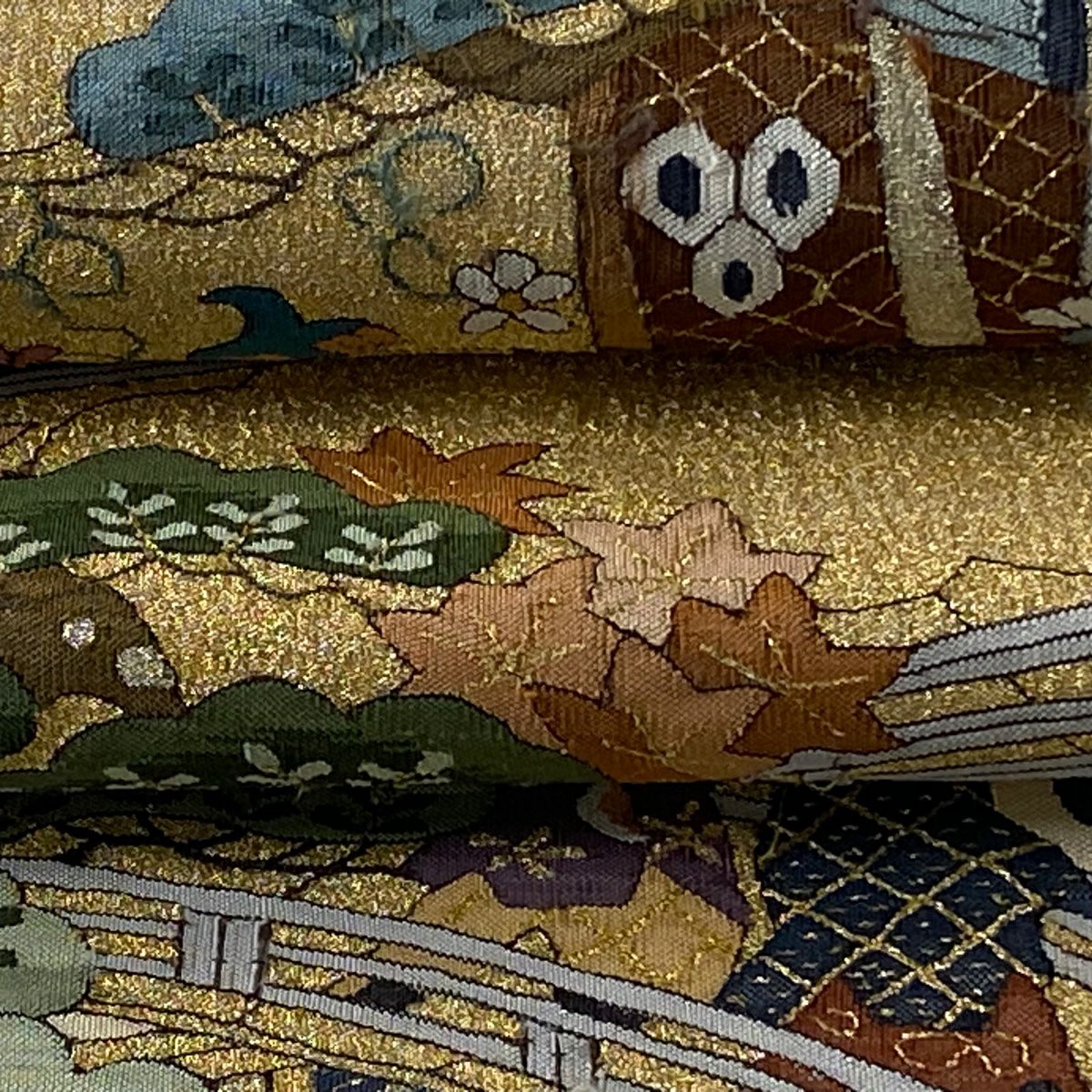 袋帶 逸品級 御所風景 笠松樹 金絲 綴織 米色 大鼓圖案 純蠶絲