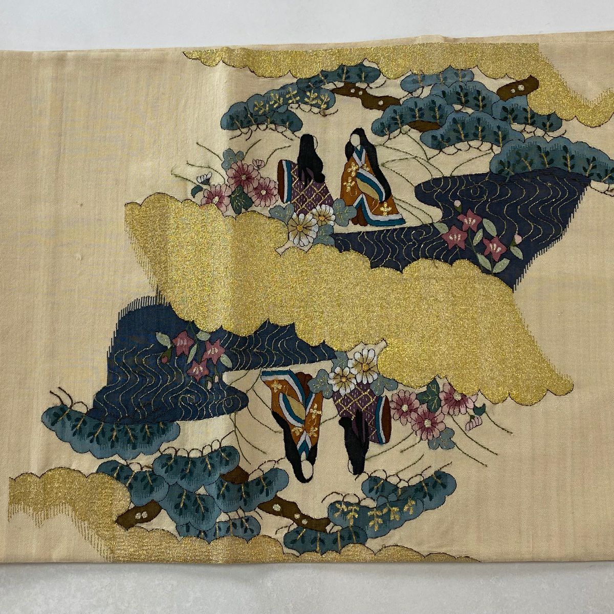 袋帶 逸品級 御所風景 笠松樹 金絲 綴織 米色 大鼓圖案 純蠶絲