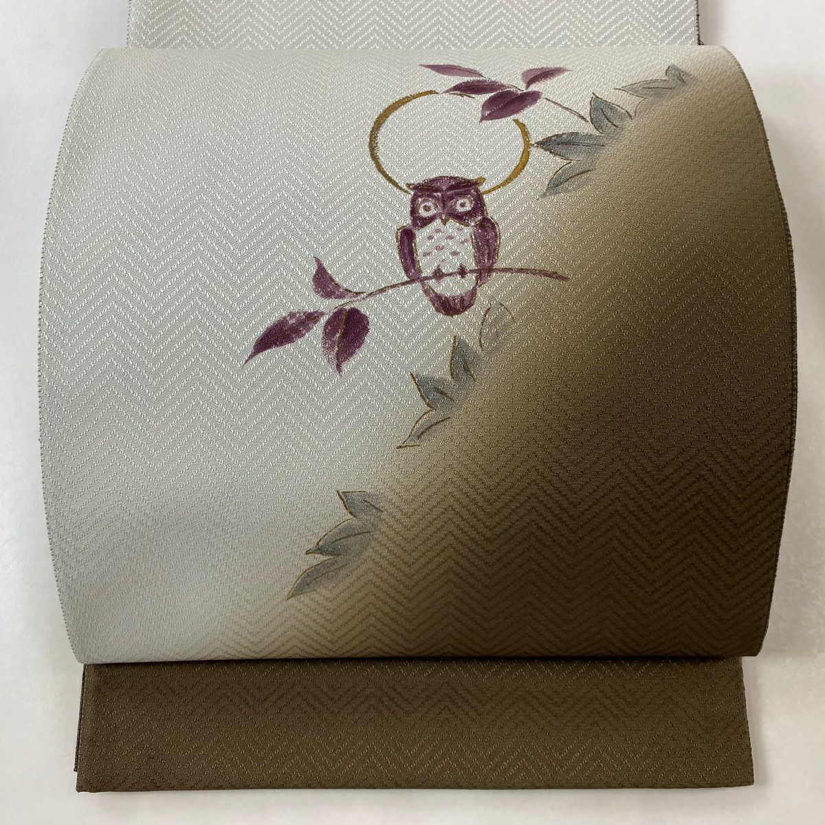 袋帶 美品 逸品級 貓頭鷹 枝葉 金銀彩 焦茶 純蠶絲