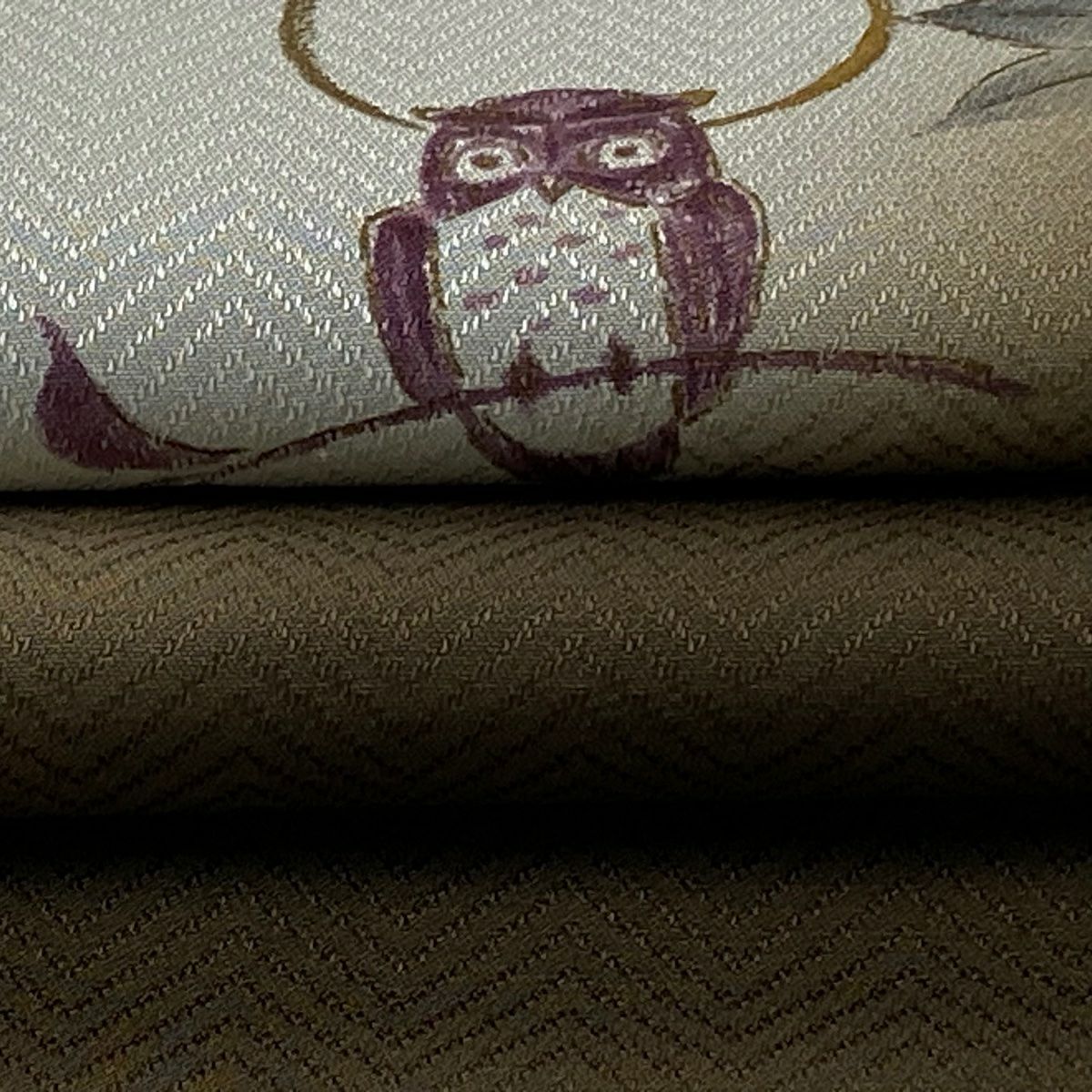 袋帶 美品 逸品級 貓頭鷹 枝葉 金銀彩 焦茶 純蠶絲