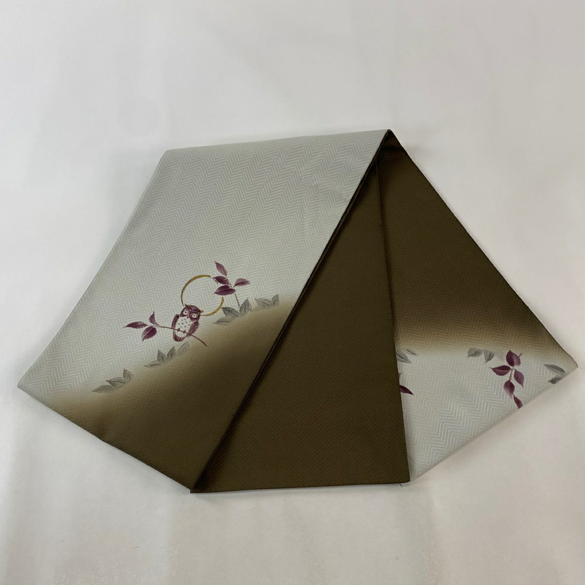 袋帶 美品 逸品級 貓頭鷹 枝葉 金銀彩 焦茶 純蠶絲