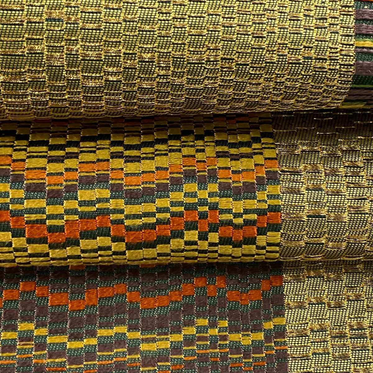 袋帶 美品 逸品級 河村織物 落款あり 粋彩市松樹紋 金絲 金金箔 金 六通 純蠶絲