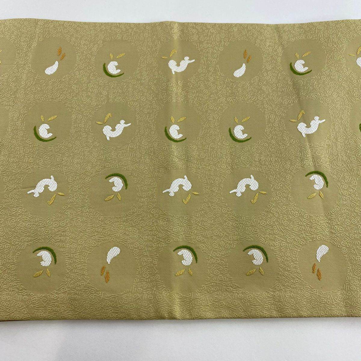 袋帶 美品 逸品級 兔子 文字圖案 淺黃土色 六通 純蠶絲