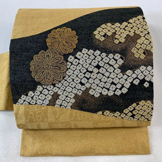 名古屋帶 美品 逸品級 菊花 花紋 疋田 金絲 金金箔 黃土色 純蠶絲