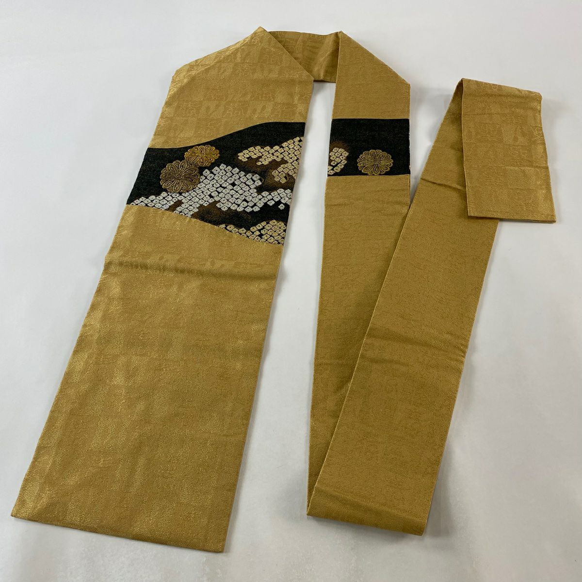 名古屋帶 美品 逸品級 菊花 花紋 疋田 金絲 金金箔 黃土色 純蠶絲