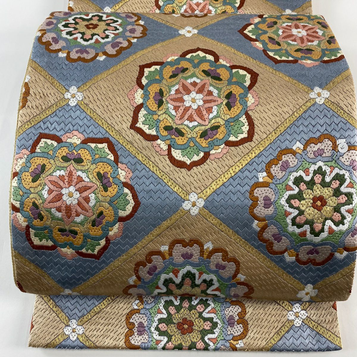 袋帶 逸品級 華紋 金絲 刺繡 米色 全通 純蠶絲