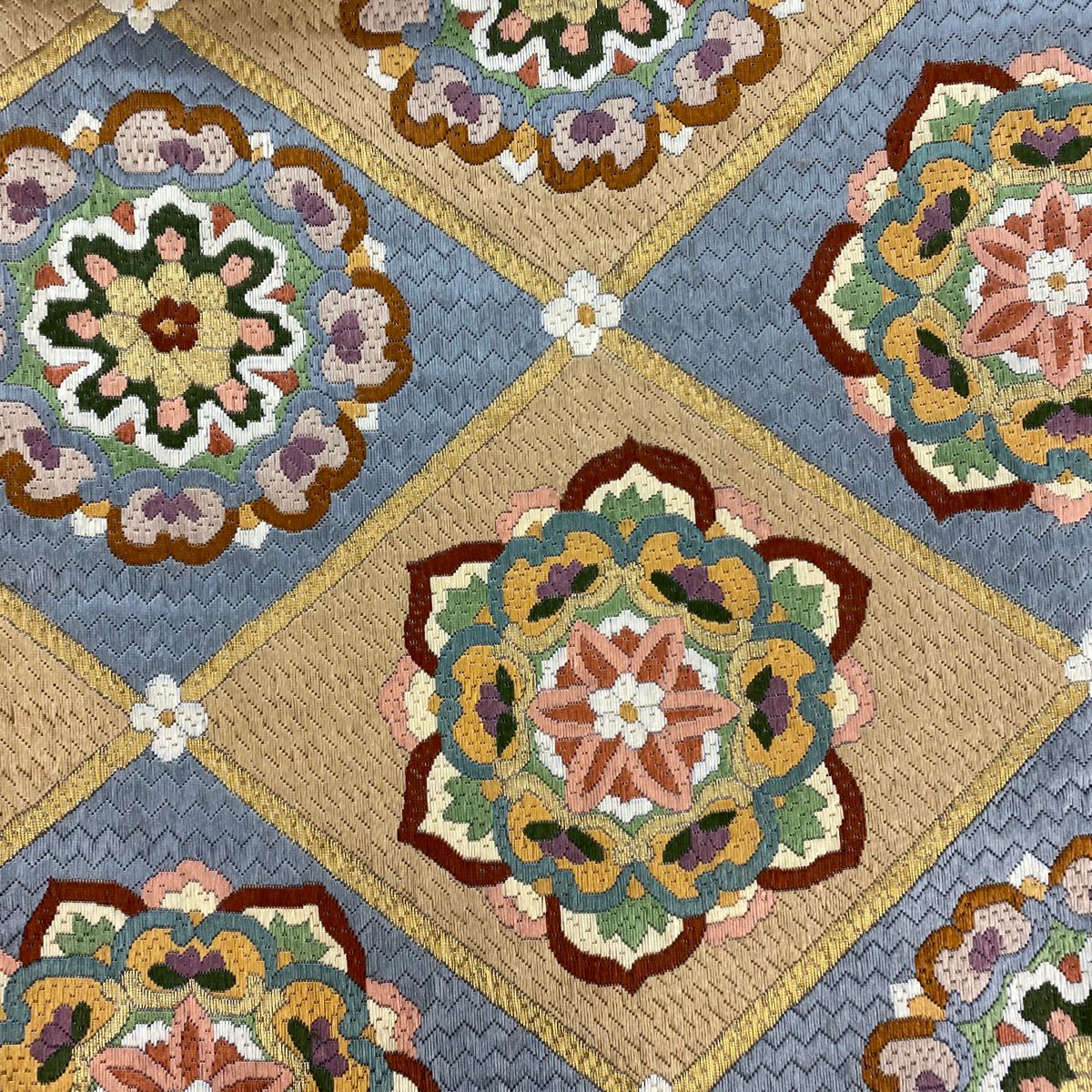 袋帶 逸品級 華紋 金絲 刺繡 米色 全通 純蠶絲