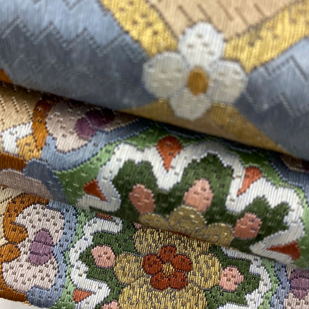 袋帶 逸品級 華紋 金絲 刺繡 米色 全通 純蠶絲