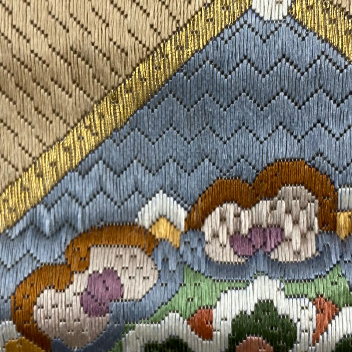 袋帶 逸品級 華紋 金絲 刺繡 米色 全通 純蠶絲