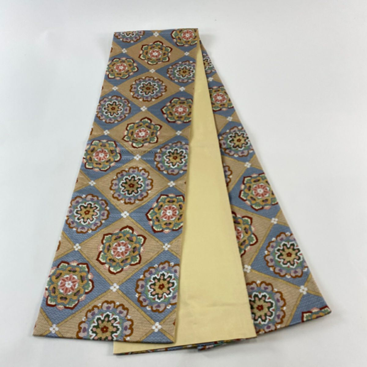 袋帶 逸品級 華紋 金絲 刺繡 米色 全通 純蠶絲