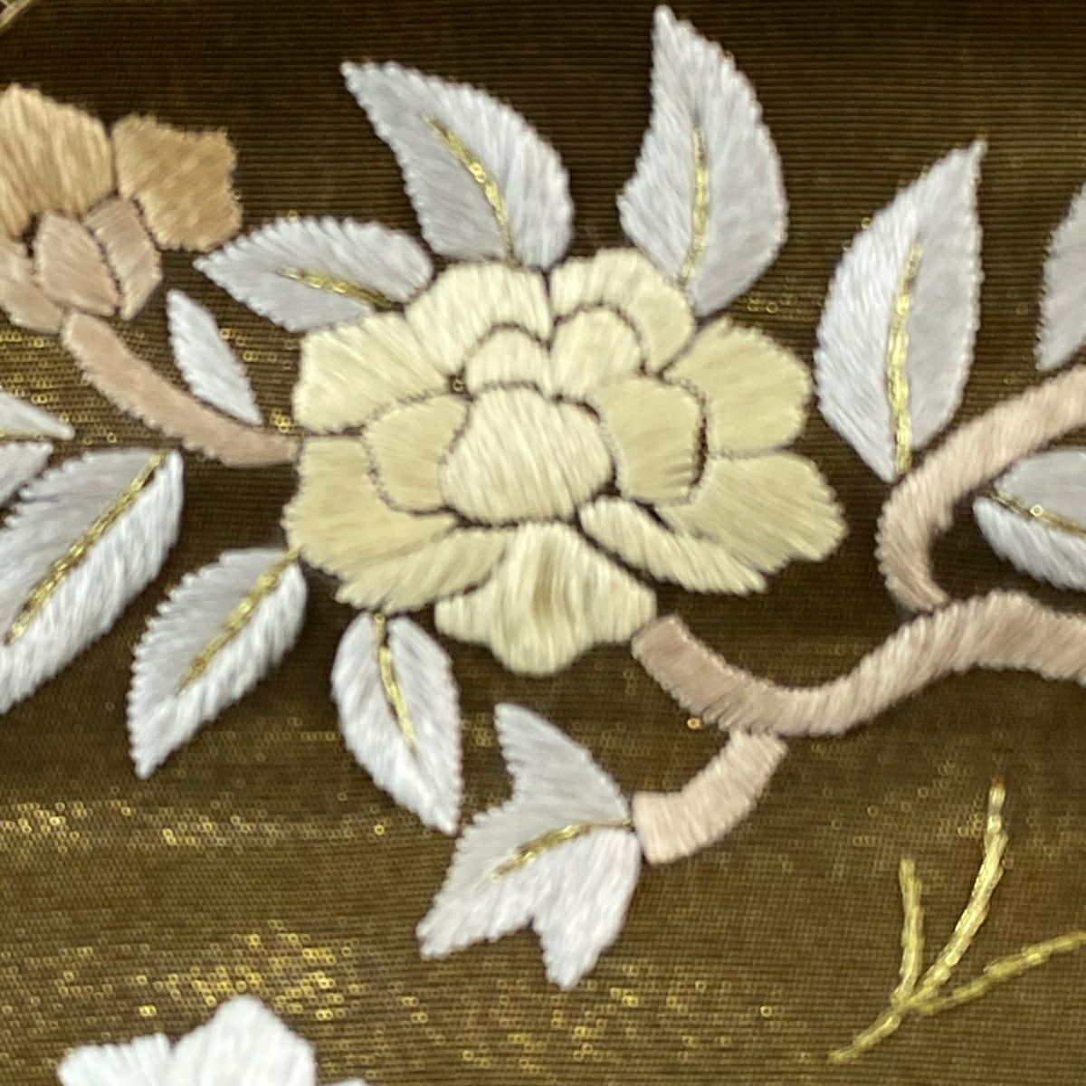 【美品】 袋帶 逸品級 凱旋門刺繡 華紋 草花紋 金銀線 刺繡 金茶 六通 純蠶絲