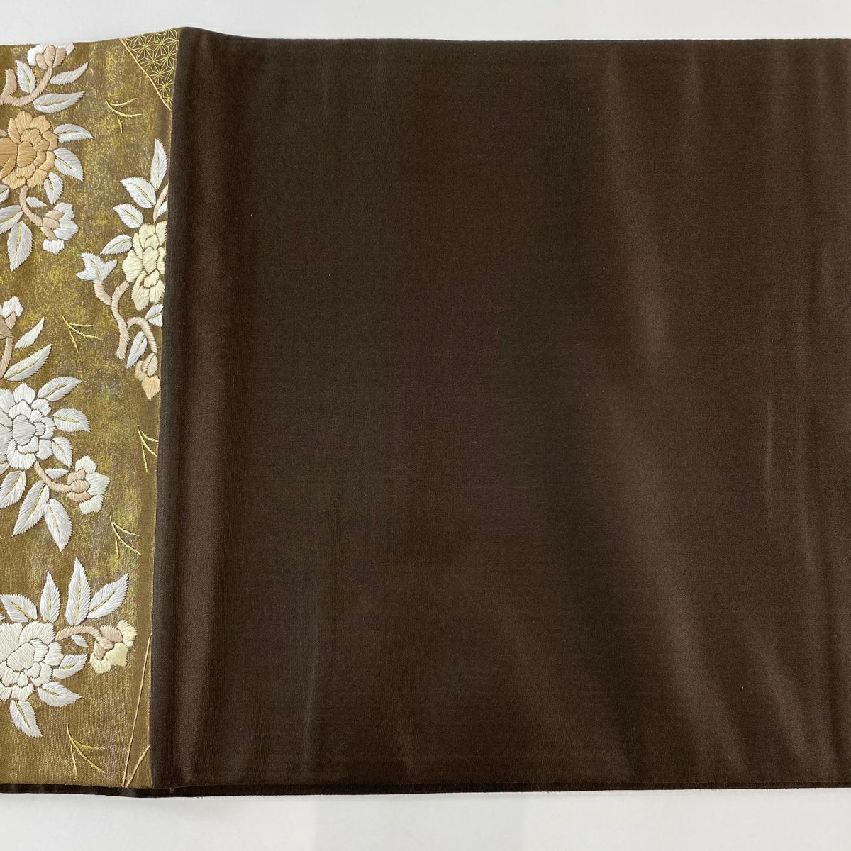 【美品】 袋帶 逸品級 凱旋門刺繡 華紋 草花紋 金銀線 刺繡 金茶 六通 純蠶絲