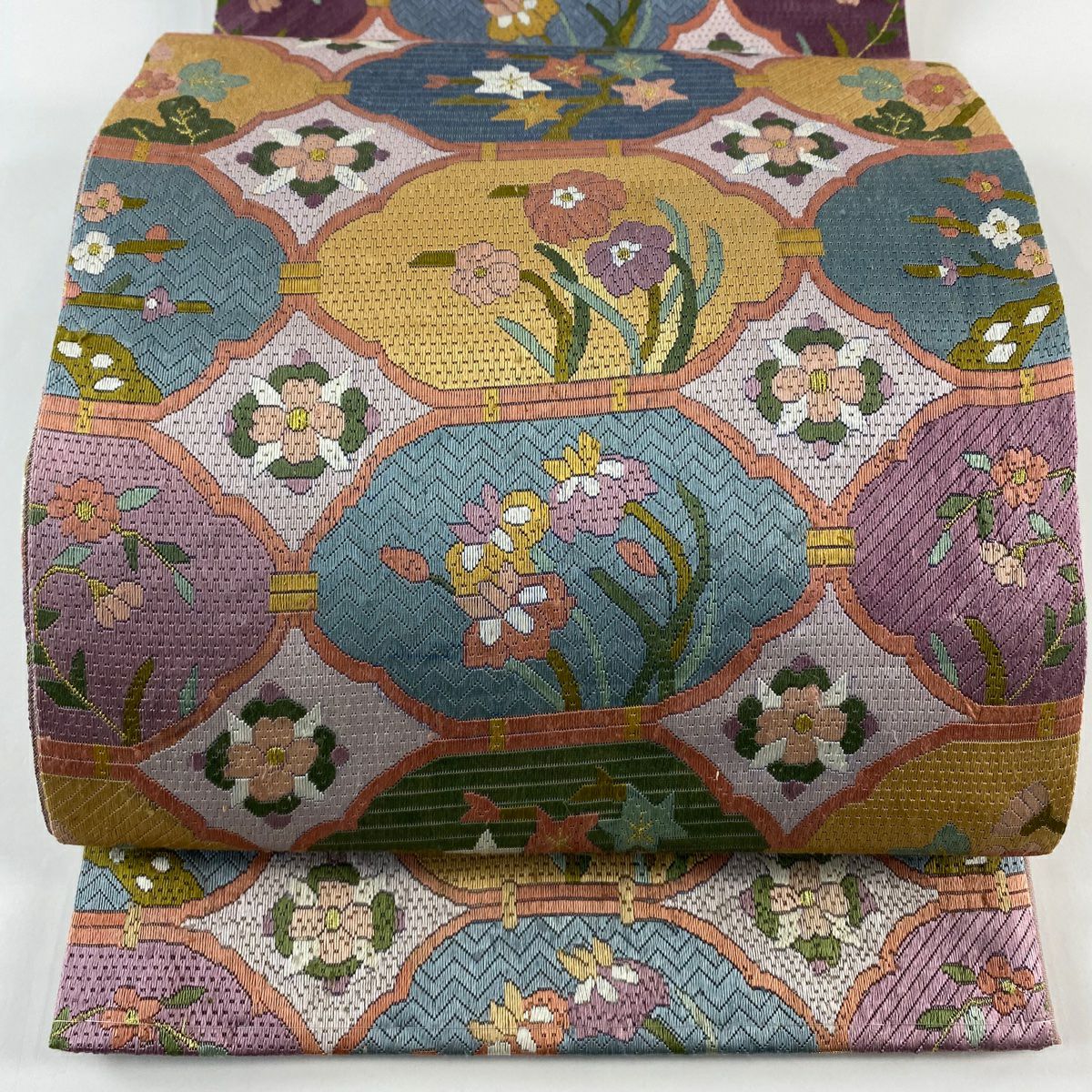袋帶 逸品級 草花紋幾何圖案 金線刺繡 淺紫 全通 純蠶絲