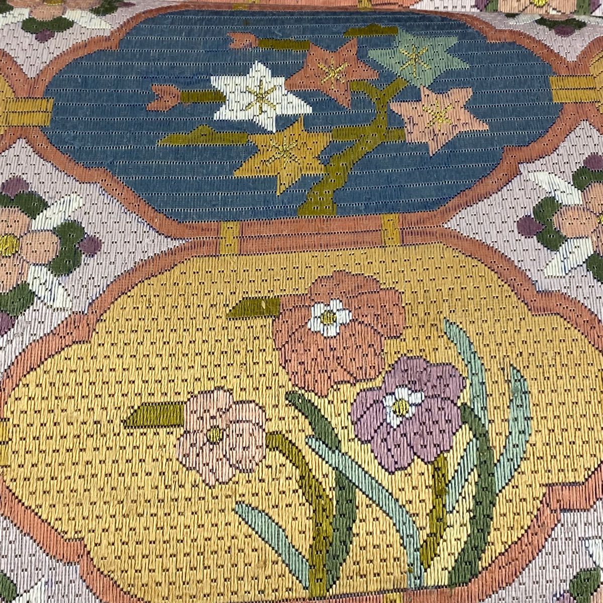 袋帶 逸品級 草花紋幾何圖案 金線刺繡 淺紫 全通 純蠶絲