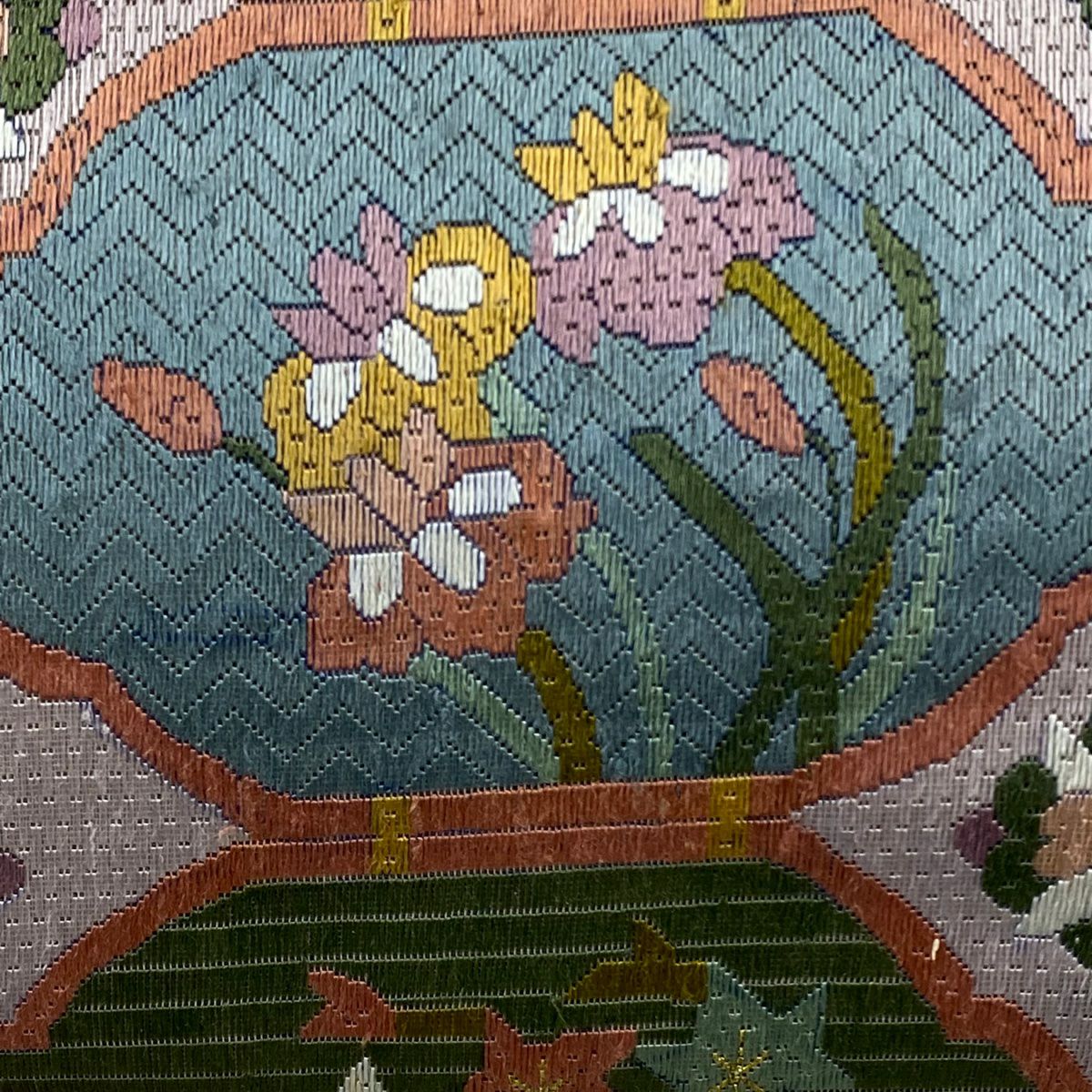 袋帶 逸品級 草花紋幾何圖案 金線刺繡 淺紫 全通 純蠶絲
