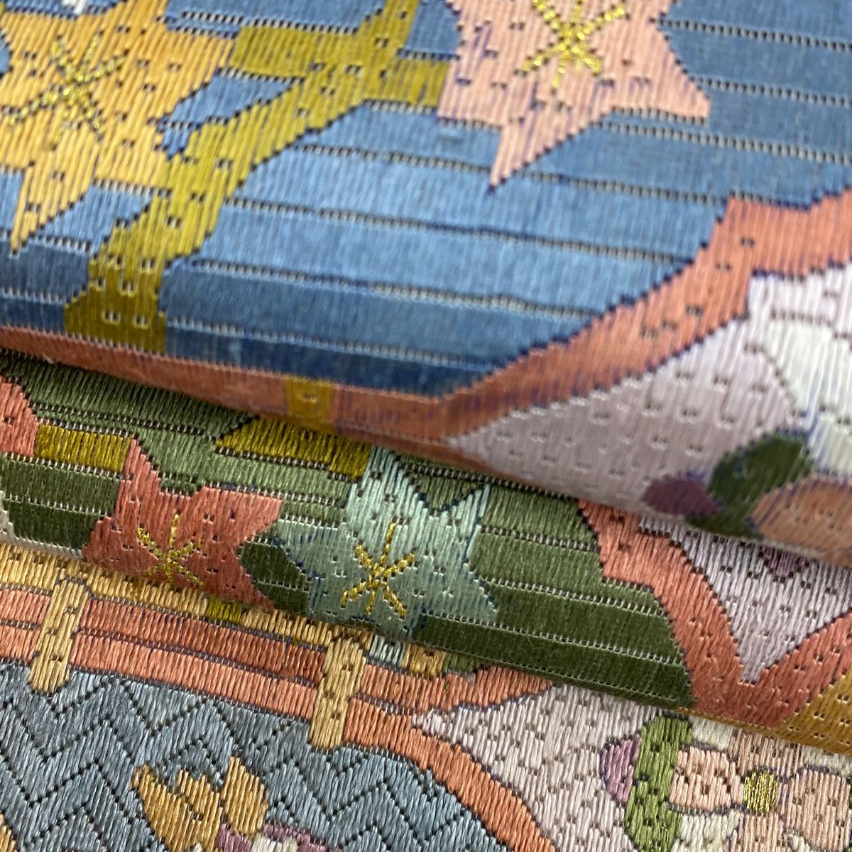 袋帶 逸品級 草花紋幾何圖案 金線刺繡 淺紫 全通 純蠶絲