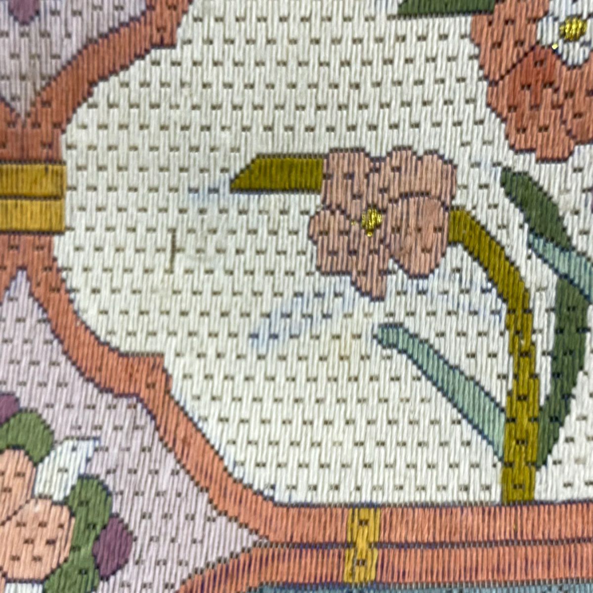 袋帶 逸品級 草花紋幾何圖案 金線刺繡 淺紫 全通 純蠶絲