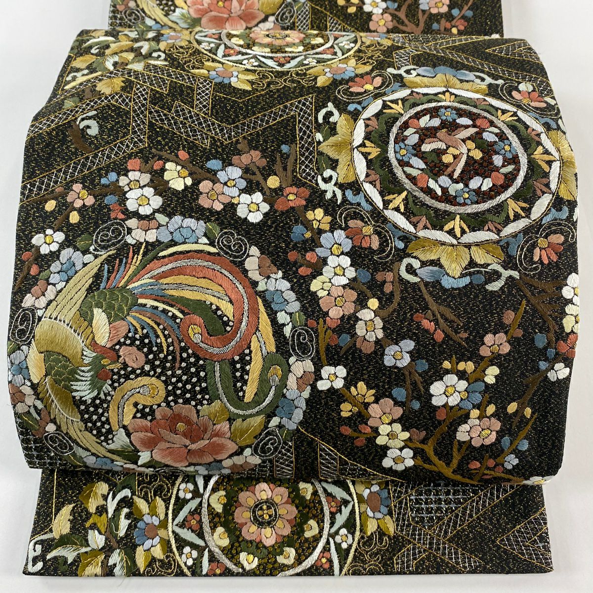 袋帶 逸品級 華紋 花鳥 金銀彩 刺繡 黑 六通 純蠶絲