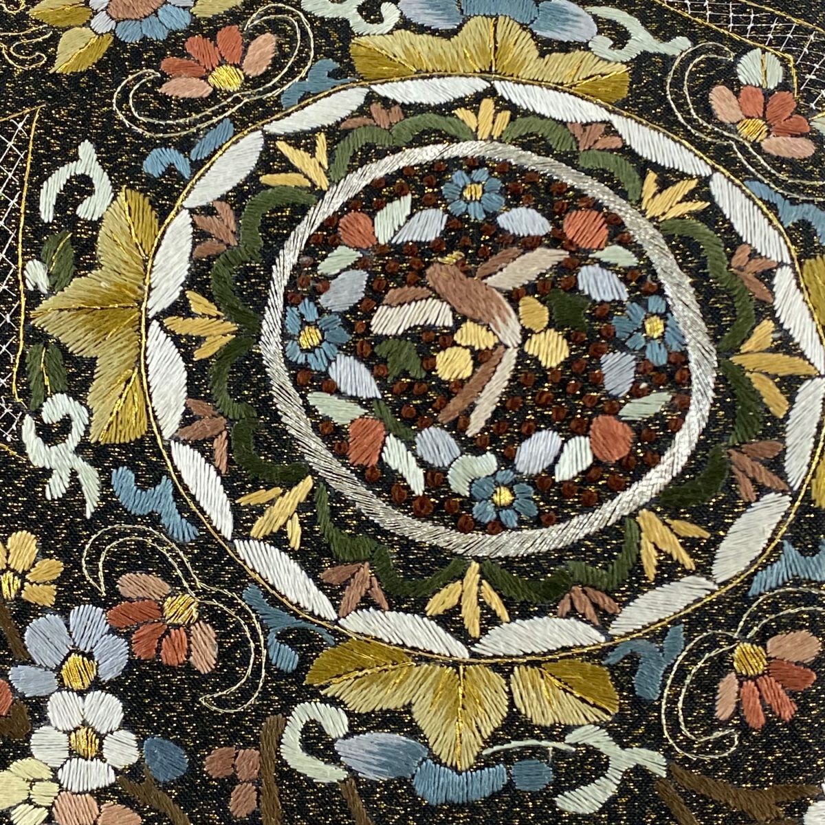 袋帶 逸品級 華紋 花鳥 金銀彩 刺繡 黑 六通 純蠶絲